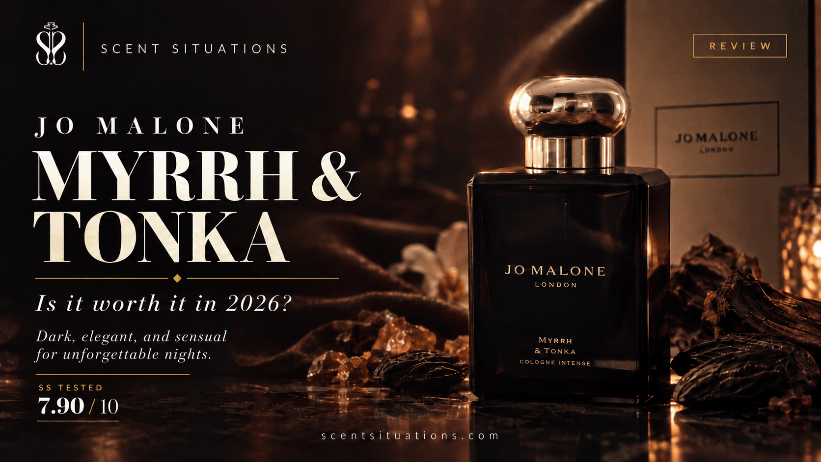 Jo Malone Myrrh & Tonka Cologne Intense — Scent Situations review cover with SS Tested 7.9/10 score