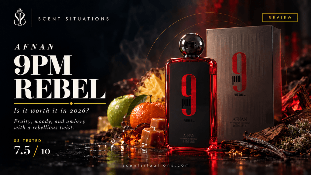 Afnan 9PM Rebel review — Scent Situations cover (AI-generated illustration of the bottle and box)