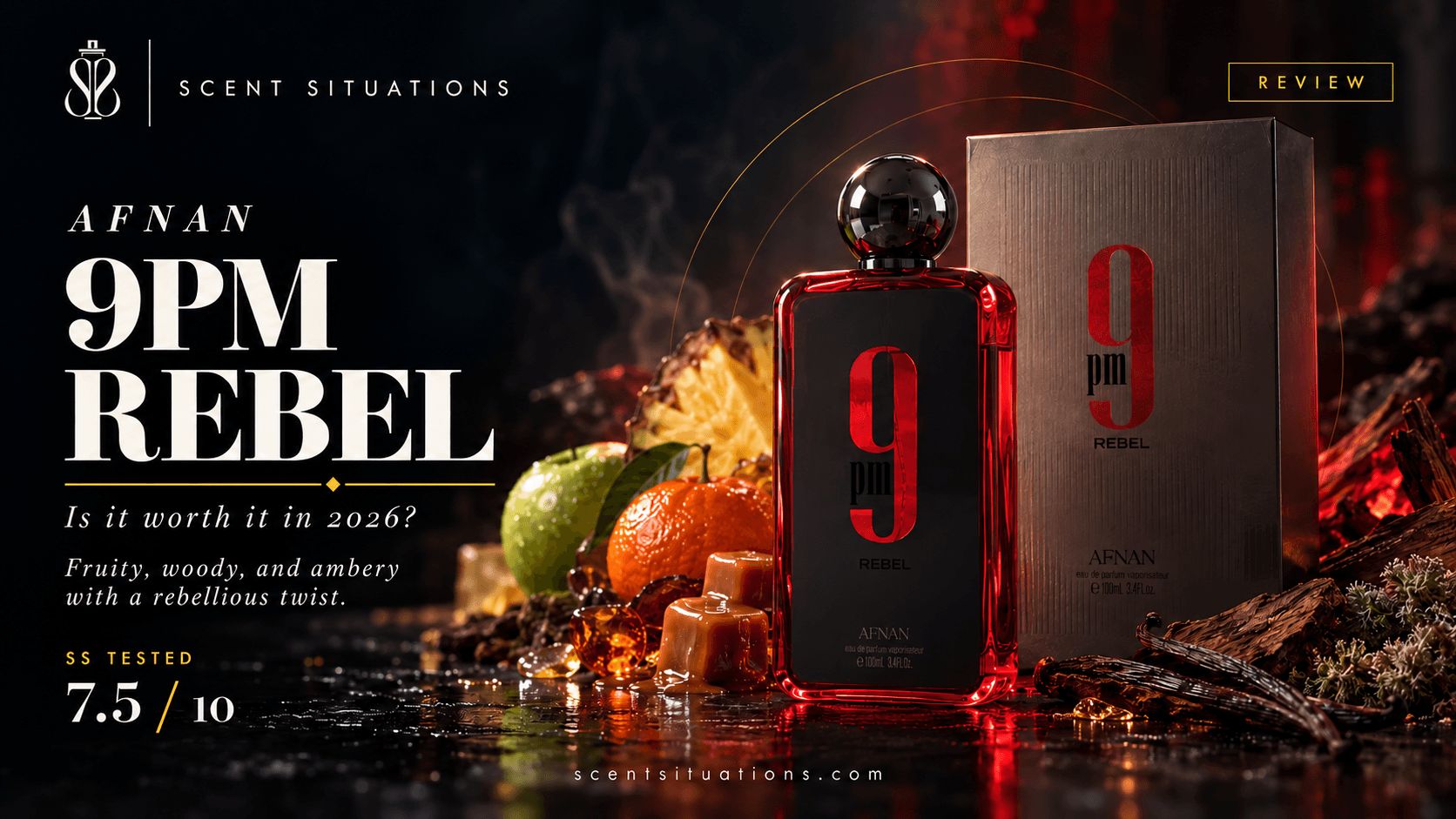 Afnan 9PM Rebel review — Scent Situations cover (AI-generated illustration of the bottle and box)